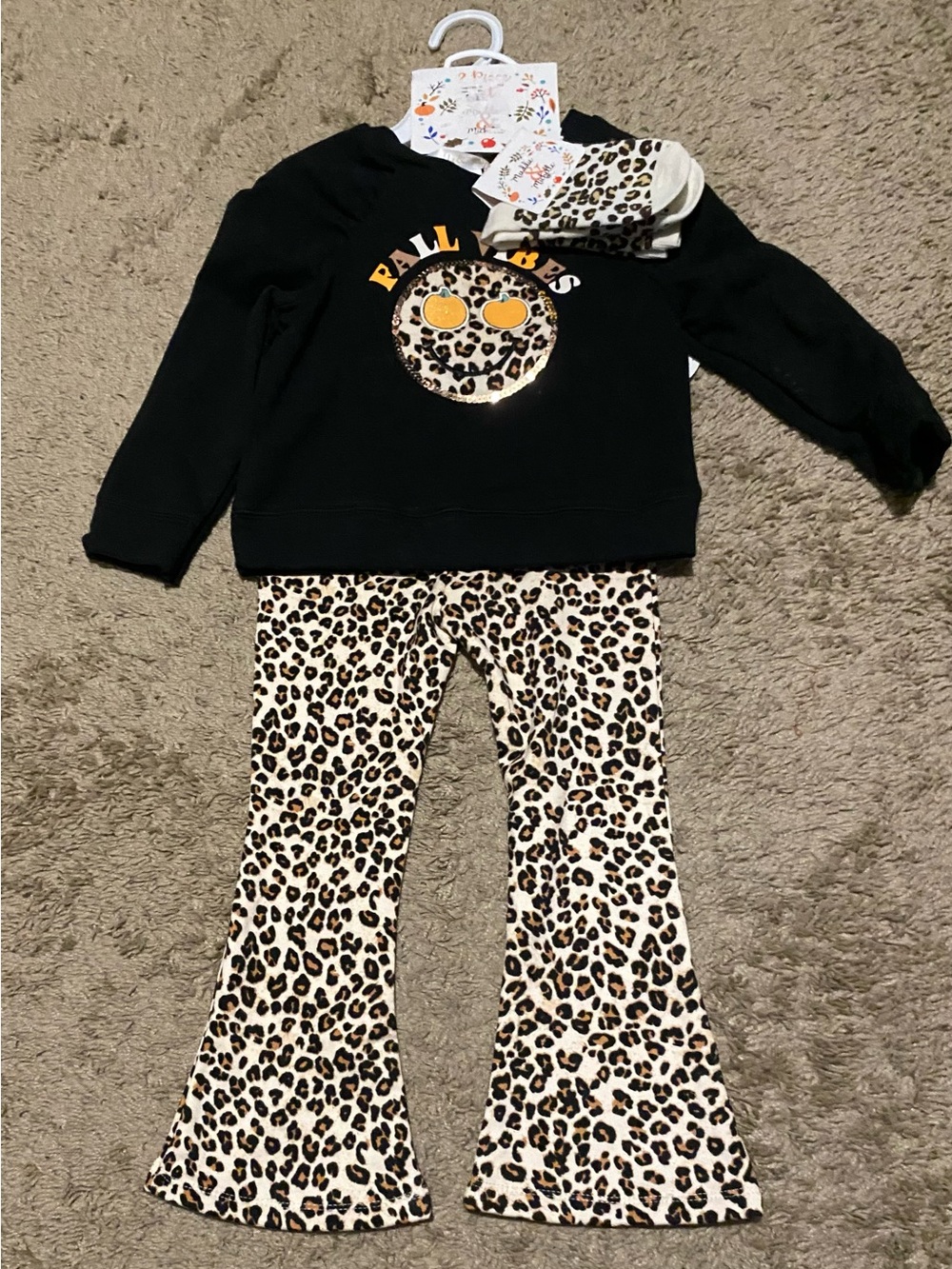 Kids Black Leopard 'Fall Vibes' Set with Cream Leopard Print Pants